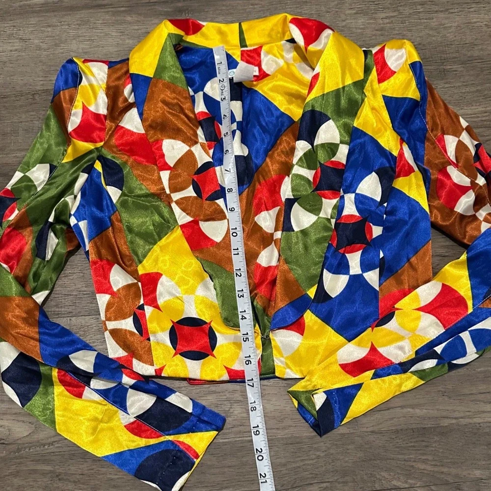 VTG Rubber Ducky 3 Piece Set Small Geometric Satin Blazer Crop Top Wide Leg Pant